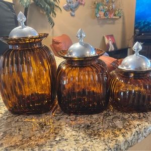 3 canisters apothecary candy or flour sugar tea amber brown splotch glass